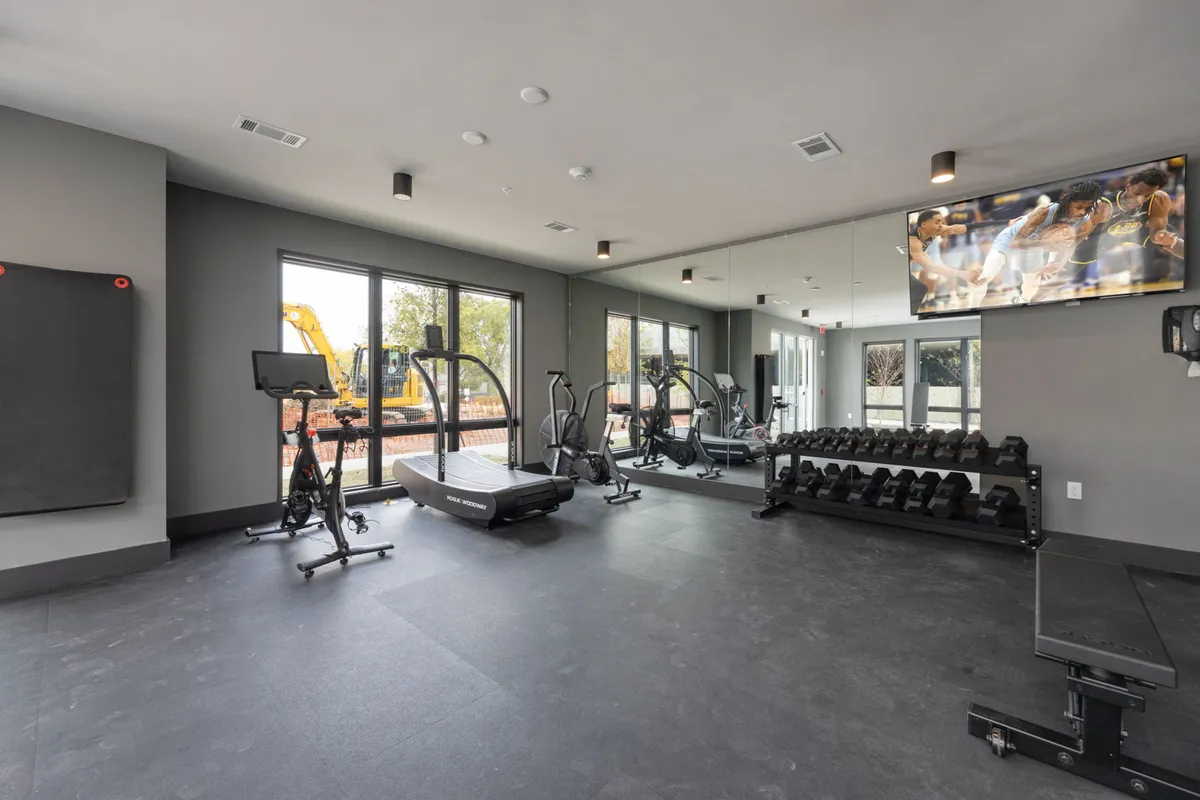 A well-equipped gym space featuring a treadmill, dumbbell rack, exercise bike, and expansive windows that flood the room with natural light. The room feels modern, motivating, and ideal for staying active.